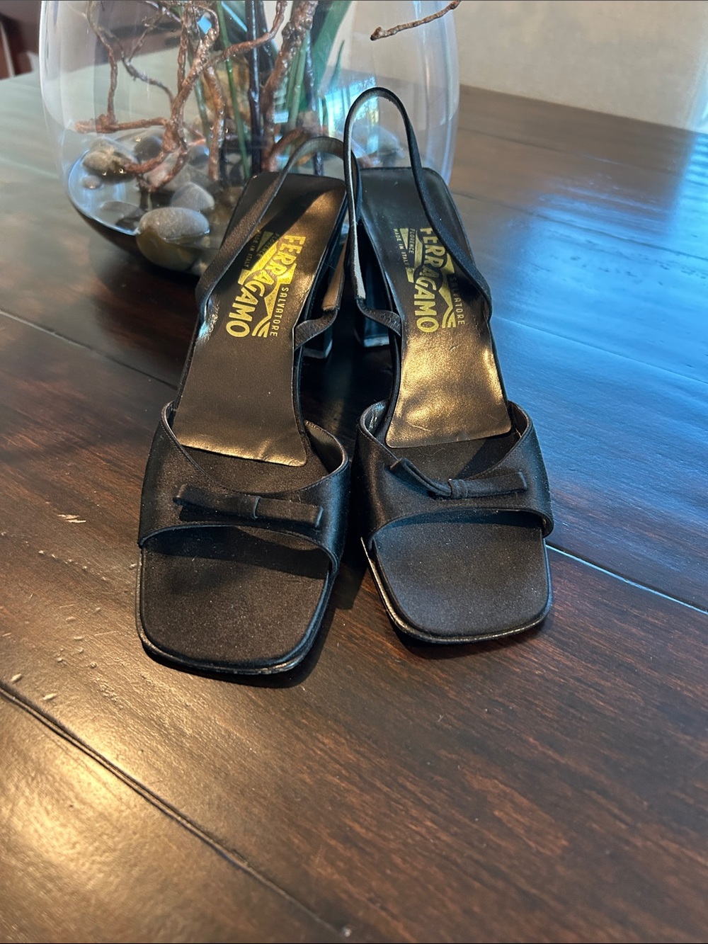 Salvatore Ferragamo Black Satin Slingback Mules
